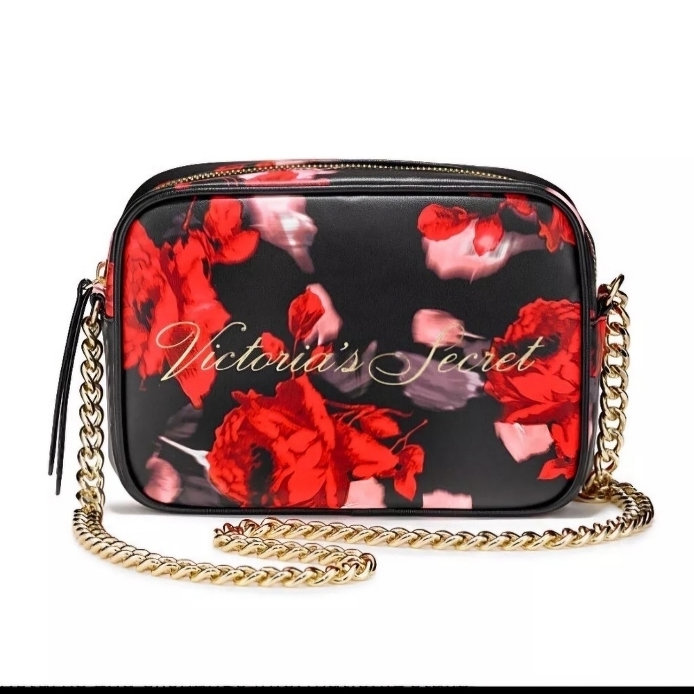 NWT | Victoria's Secret | Black and Red Floral Crossbody Bag | Gold Chain